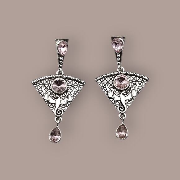 Fantasy Dragon Statement Drop Earrings Pink Crystal Silver Tone Gothic Y2K - Picture 4 of 4
